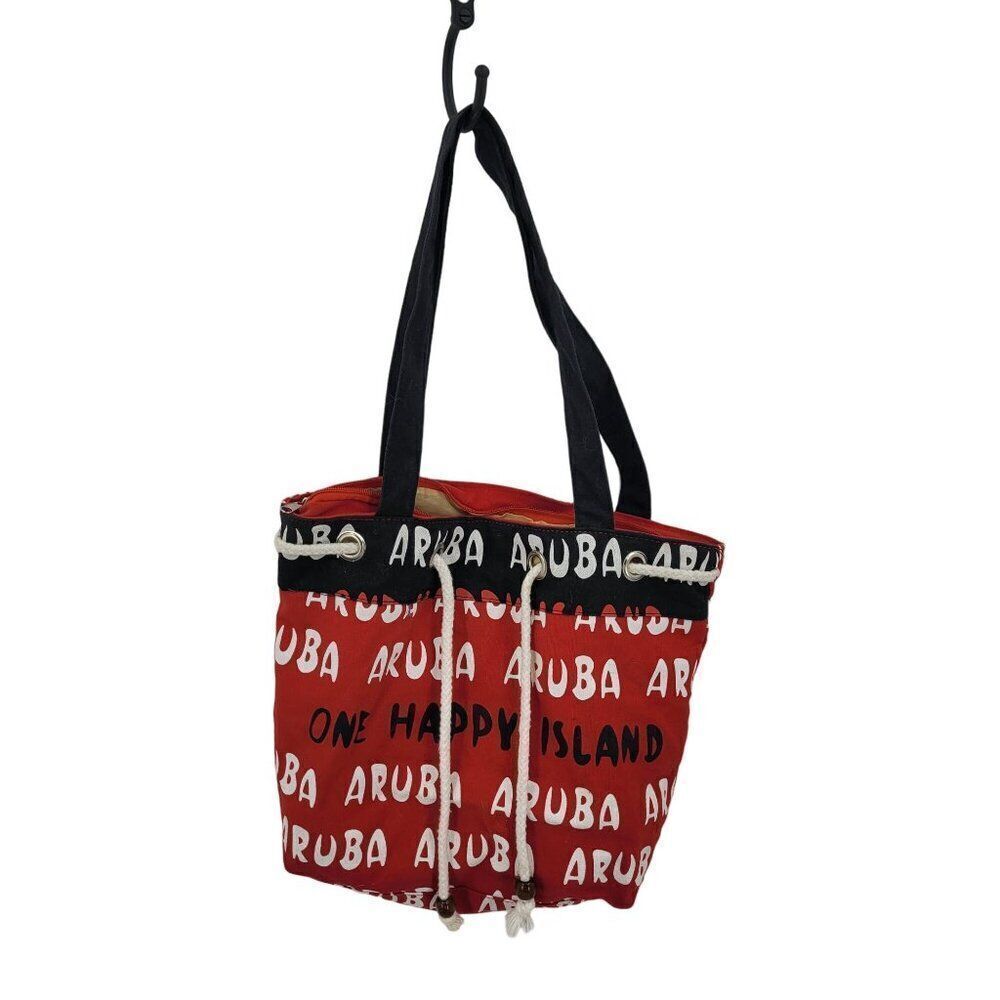 Aruba One Happy Island Tote Bag Rope‎ Handles Zipper Closure Pocket Red Black